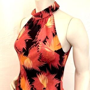 BCBG MaxAzria flame colors dramatic silk halter midi with flower print